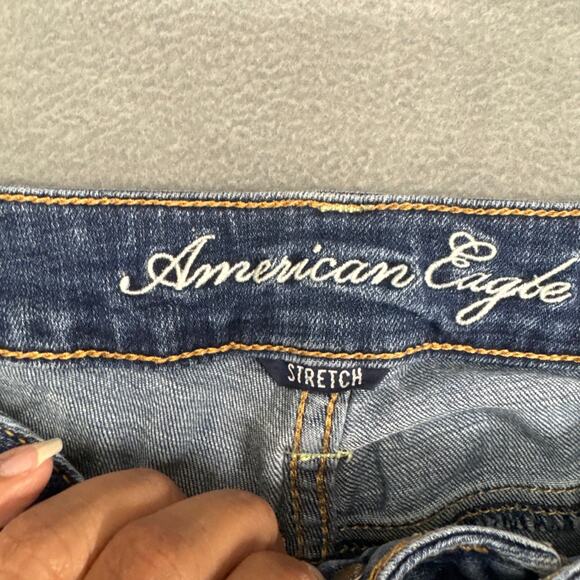 Y2K American Eagle Capri Jeans Womens Size 4 Dark Blue Low Rise Crop Whisker - Picture 5 of 11